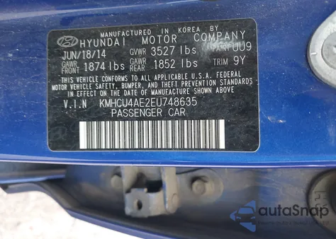 2014 Hyundai Accent Gls z USA, uszkodzony, nr VIN KMHCU4AE2EU748635
